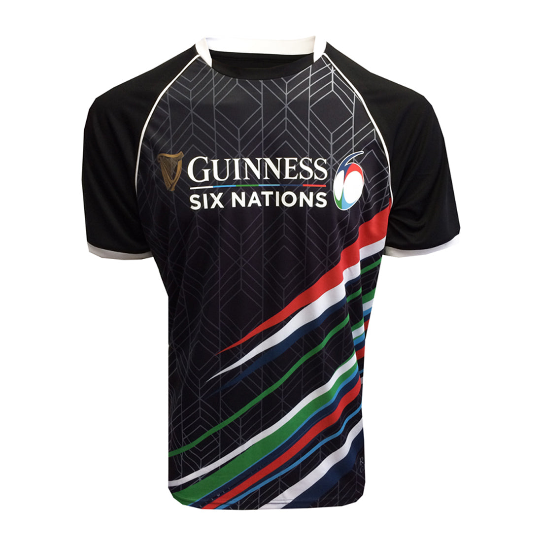 A black Guinness performance tee designed for the rugby fan, featuring geometric patterns, the Guinness Six Nations logo, and colorful stripes representing various team colors.