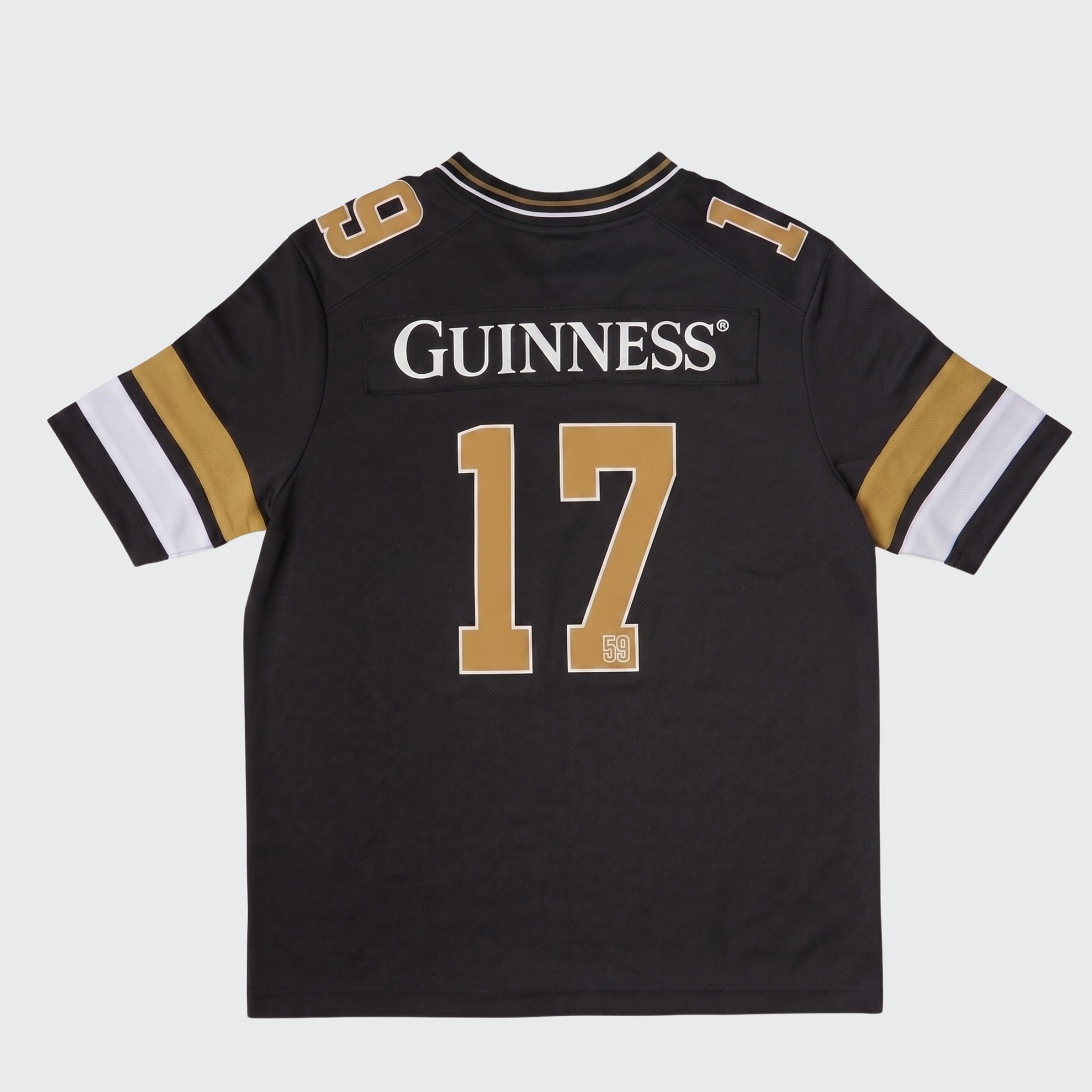The Guinness Black American Football Jersey from Guinness Webstore US features gold and white stripes, “GUINNESS” printed on the back, and the number 17 in bold gold and white accents—making it a standout choice for dedicated sports fans.