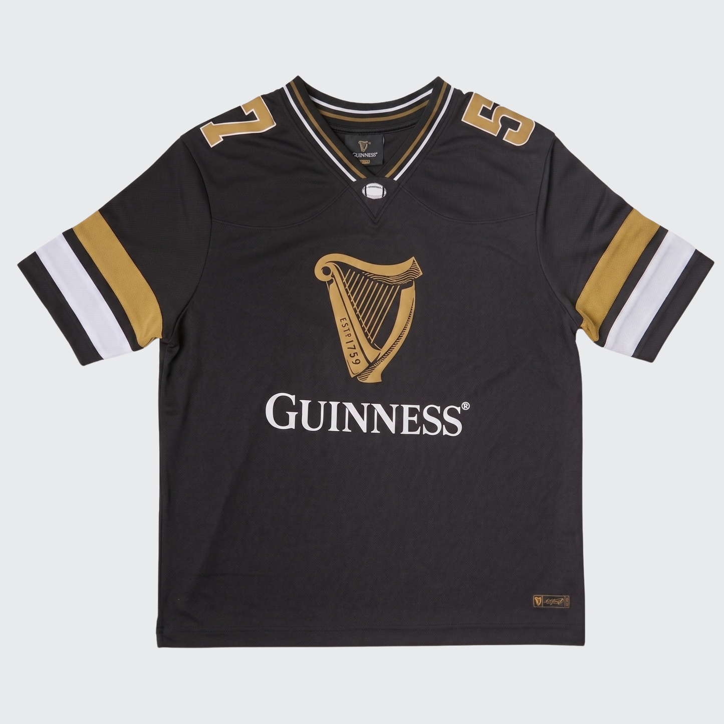 The Guinness Black American Football Jersey from Guinness Webstore US is a black, short-sleeve jersey with gold and white accents. It features a harp logo and the word “Guinness” on the front, along with the number 59 on the shoulders—a standout piece of Guinness apparel.