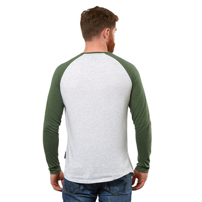 The back view of a man wearing a Guinness baseball t-shirt.