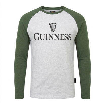 The Guinness Baseball T-Shirt features green raglan sleeves, a light gray heathered cotton body, and the iconic Guinness logo with harp on the chest.