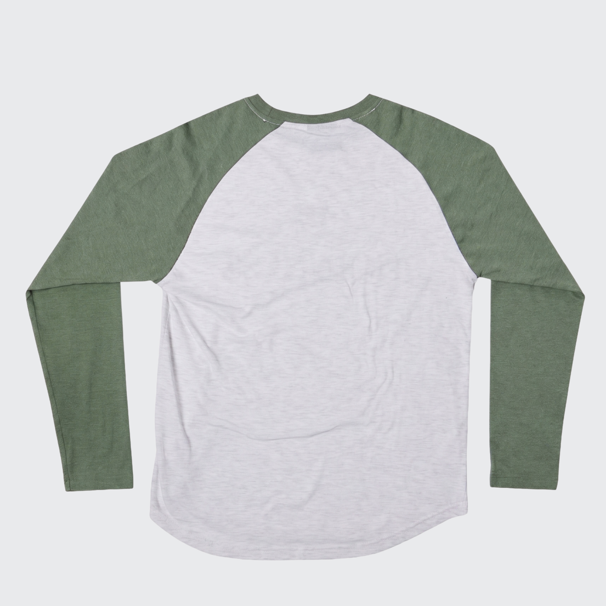 The Guinness Baseball T-Shirt by Guinness features olive green long sleeves and a white body, shown laid flat to showcase the back.