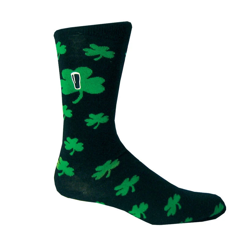 Introducing our Guinness Shamrock Socks, featuring a charming black design adorned with green shamrock patterns and an iconic black beer glass image—perfect for any Guinness lover.