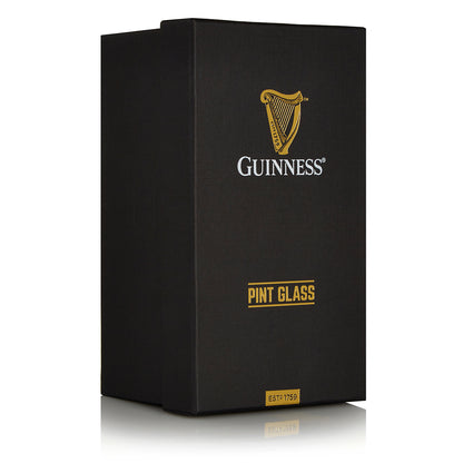 Guinness Pint Glass Gift Boxed in a sleek black box featuring the iconic logo.