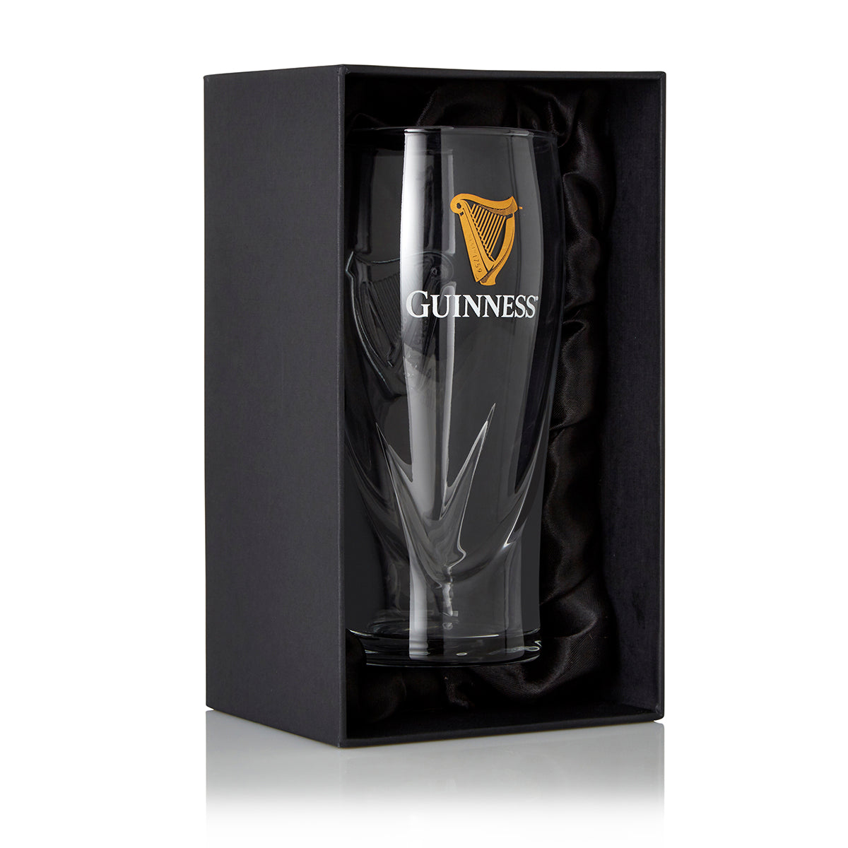 A Guinness Pint Glass Gift Boxed in a black box with the logo.
