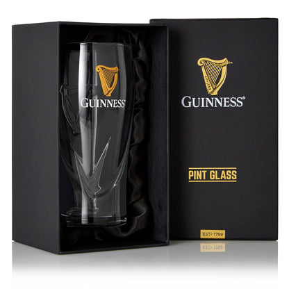 This Guinness Pint Glass Gift Boxed comes in a box with the iconic logo.