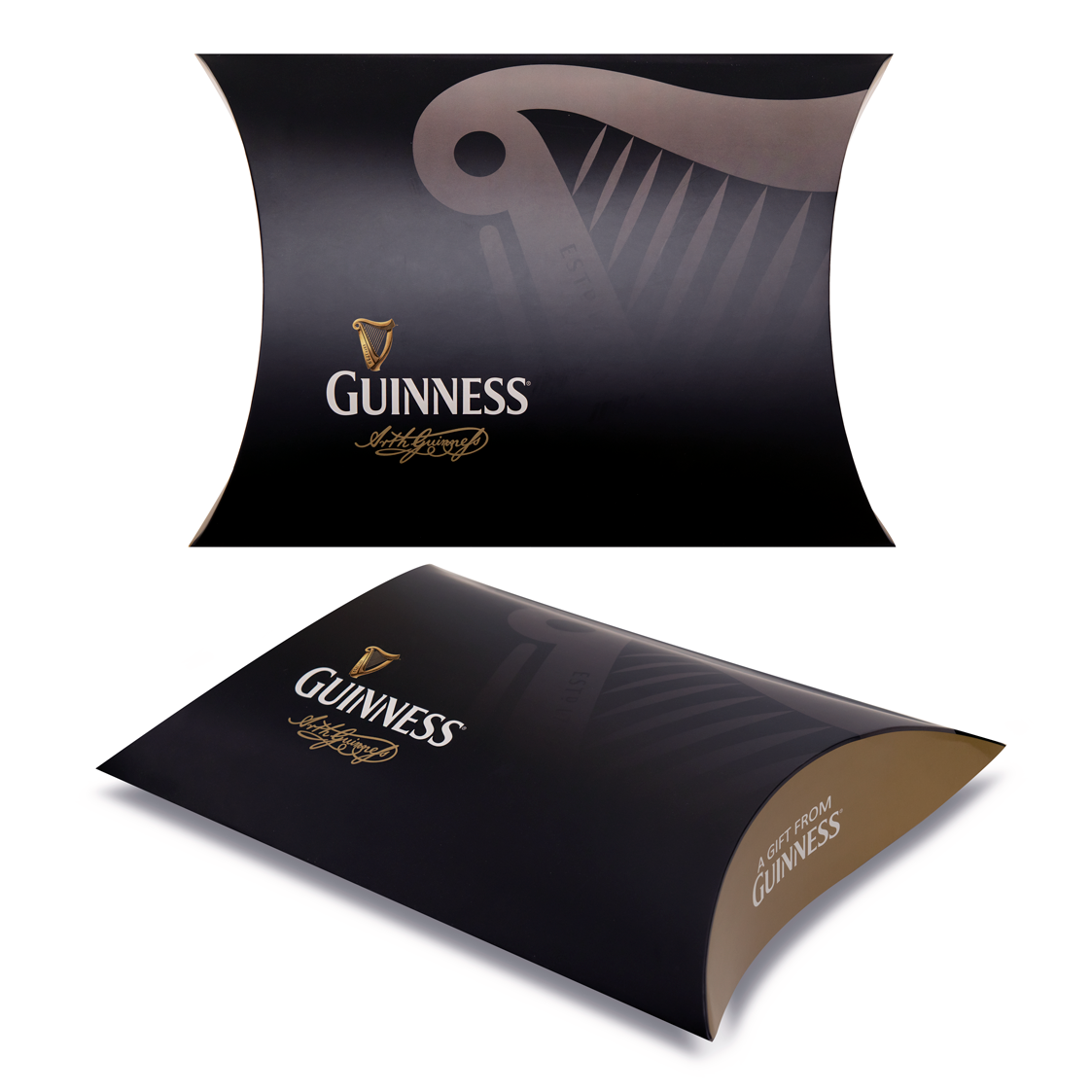 Guinness Clothing Gift Box in a black pillow-style shape with a gold logo and harp design, shown from front and angled perspectives.