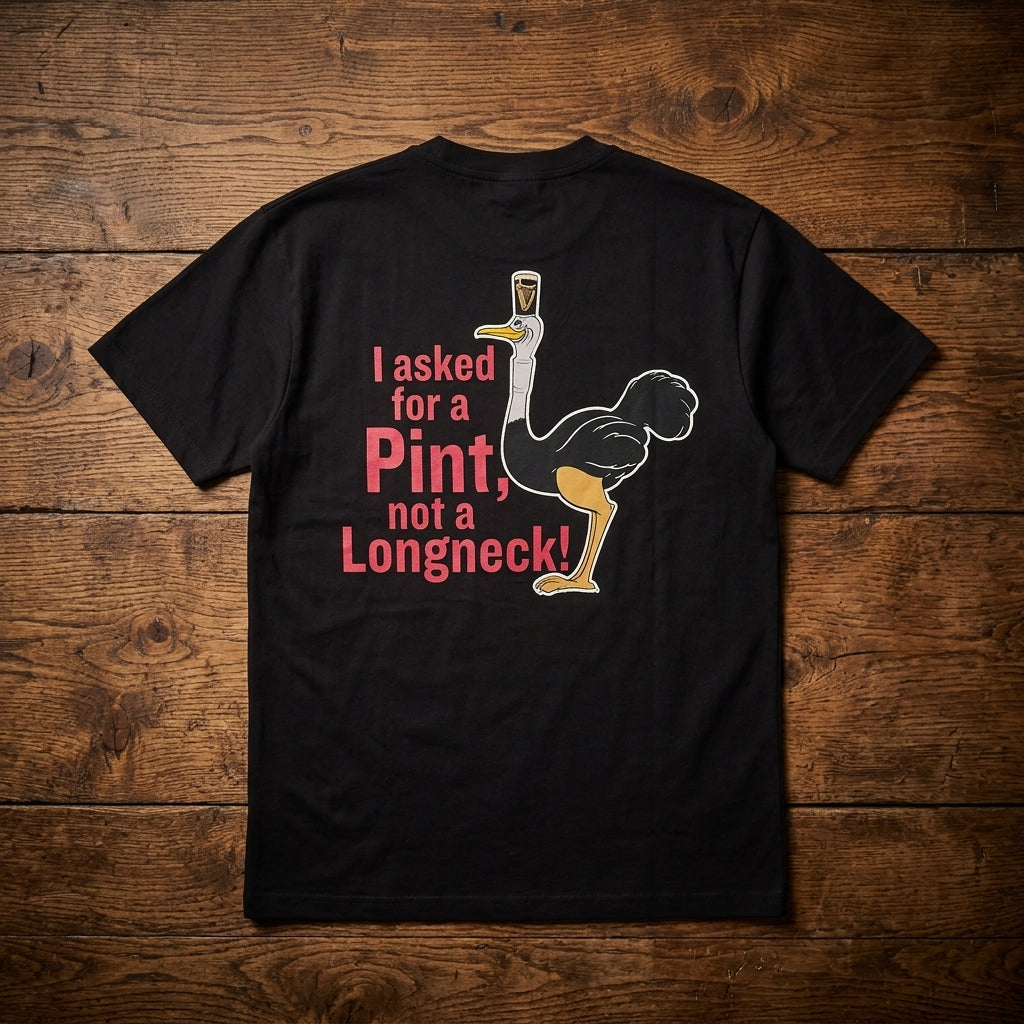 Guinness Gilroy Ostrich Tee – Black from Guinness Webstore US: features a cartoon ostrich with a pint glass head and “I asked for a Pint, not a Longneck!” text. Limited edition from the iconic Gilroy collection.