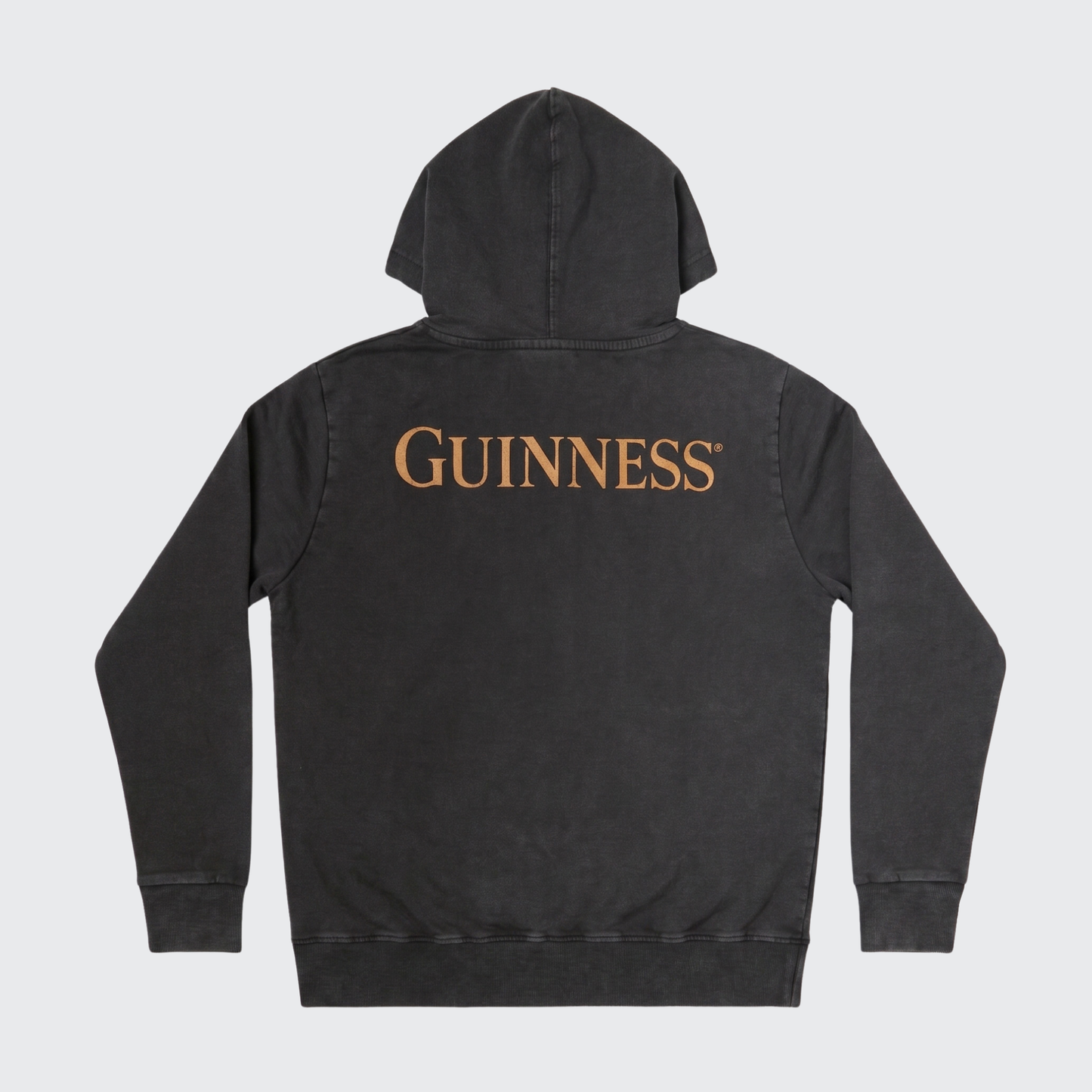 Black hooded sweatshirt with “GUINNESS” printed in large gold letters across the back, laid flat on a white background. The Guinness Evolution of the Harp Distressed Hoodie – Black from Guinness Webstore US features a comfortable distressed cotton design, perfect for any fan of the iconic brand.