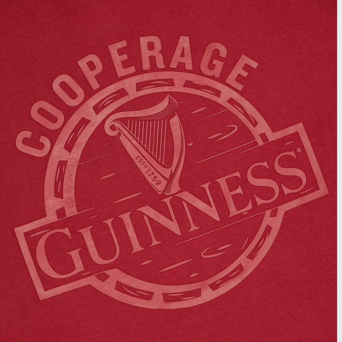 Featuring a burnt red background with a circular Cooperage Guinness logo—complete with a harp and “Est. 1759”—the Guinness Cooperage Burnt Red Heavyweight Tee from the Guinness Webstore US is inspired by the iconic Guinness cooperage. Perfect for fans of the brand, this authentic heavyweight tee captures the classic style beloved by Guinness enthusiasts.