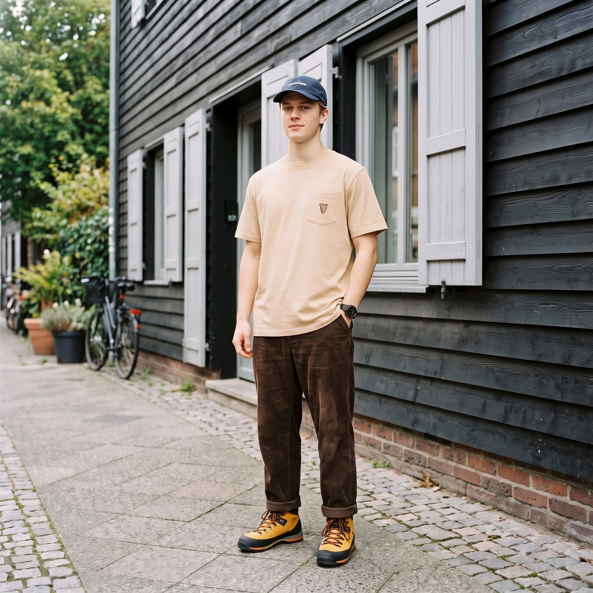 Wearing a Guinness Cooperage Ivory Heavyweight Tee, brown pants, blue cap, and yellow hiking boots, someone stands by a wooden building with white shutters on a cobblestone sidewalk.