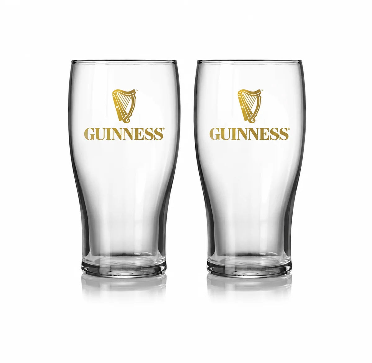 Two clear glass Guinness Vintage Gold Harp Pint Glass Twin Pack glasses, each featuring a vintage gold harp logo and the word “GUINNESS” printed in gold.