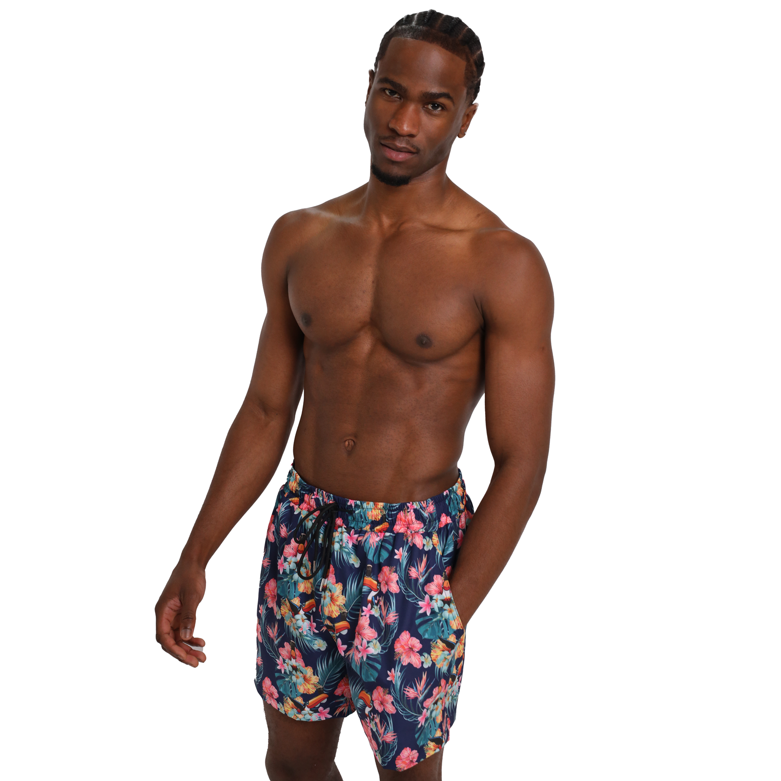 A shirtless man stands confidently, sporting Guinness Toucan Hawaiian Beach Shorts with a vibrant floral pattern made from eco-friendly fabric, available at the Guinness Webstore US.