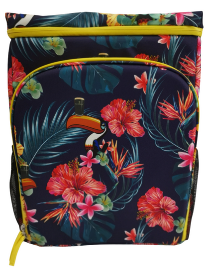 A Guinness Toucan Hawaiian Cooler Bag featuring a tropical design with red hibiscus flowers, green leaves, and toucans. Perfect for outdoor gear, the bag has yellow zippers and black mesh side pockets. Check out more at the Guinness Webstore US.