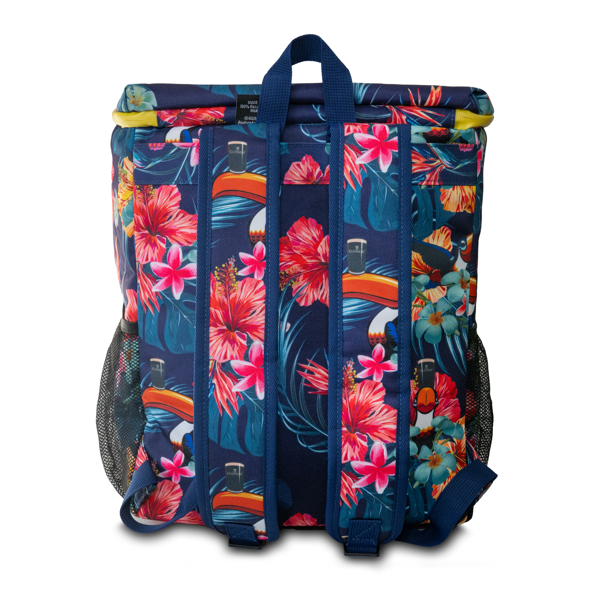 Introducing the Guinness Toucan Hawaiian Cooler Bag, an eye-catching design featuring pink and red hibiscus flowers alongside blue leaves on a dark blue base. Available on the Guinness Webstore US, this stylish bag is perfect for those seeking vibrant outdoor gear.