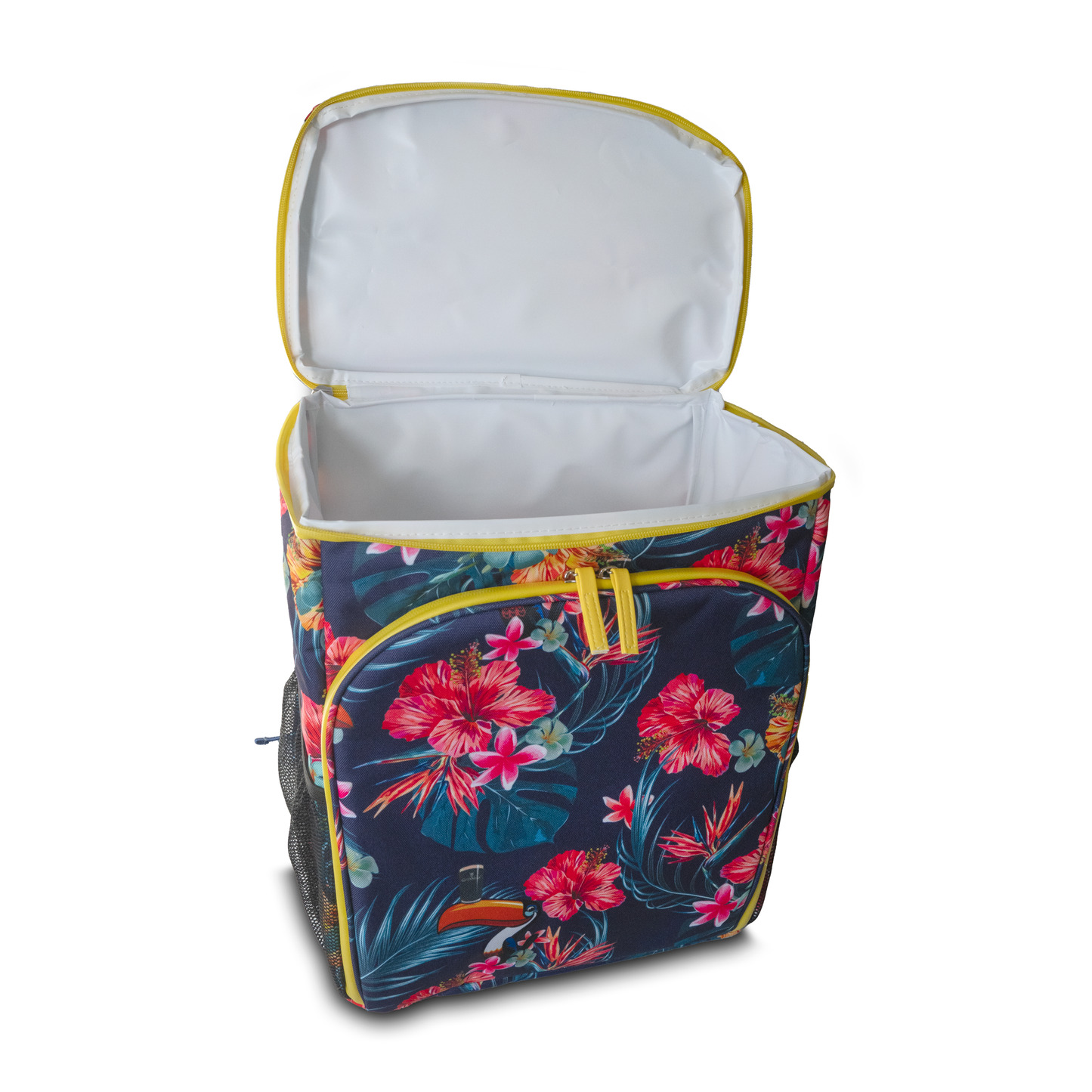 Uncover the lively Guinness Toucan Hawaiian Cooler Bag, showcasing a floral-patterned design with a sleek white interior. This chic cooler backpack is ideal for picnics or beach outings and can only be found on the Guinness Webstore US.