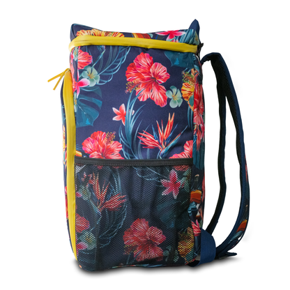 This Guinness Toucan Hawaiian Cooler Bag from the Guinness Webstore US features a vibrant tropical floral design with blue, red, and yellow hues. It includes a convenient yellow zipper and a mesh front pocket, perfect for fans of the Guinness Toucan Hawaiian aesthetic.