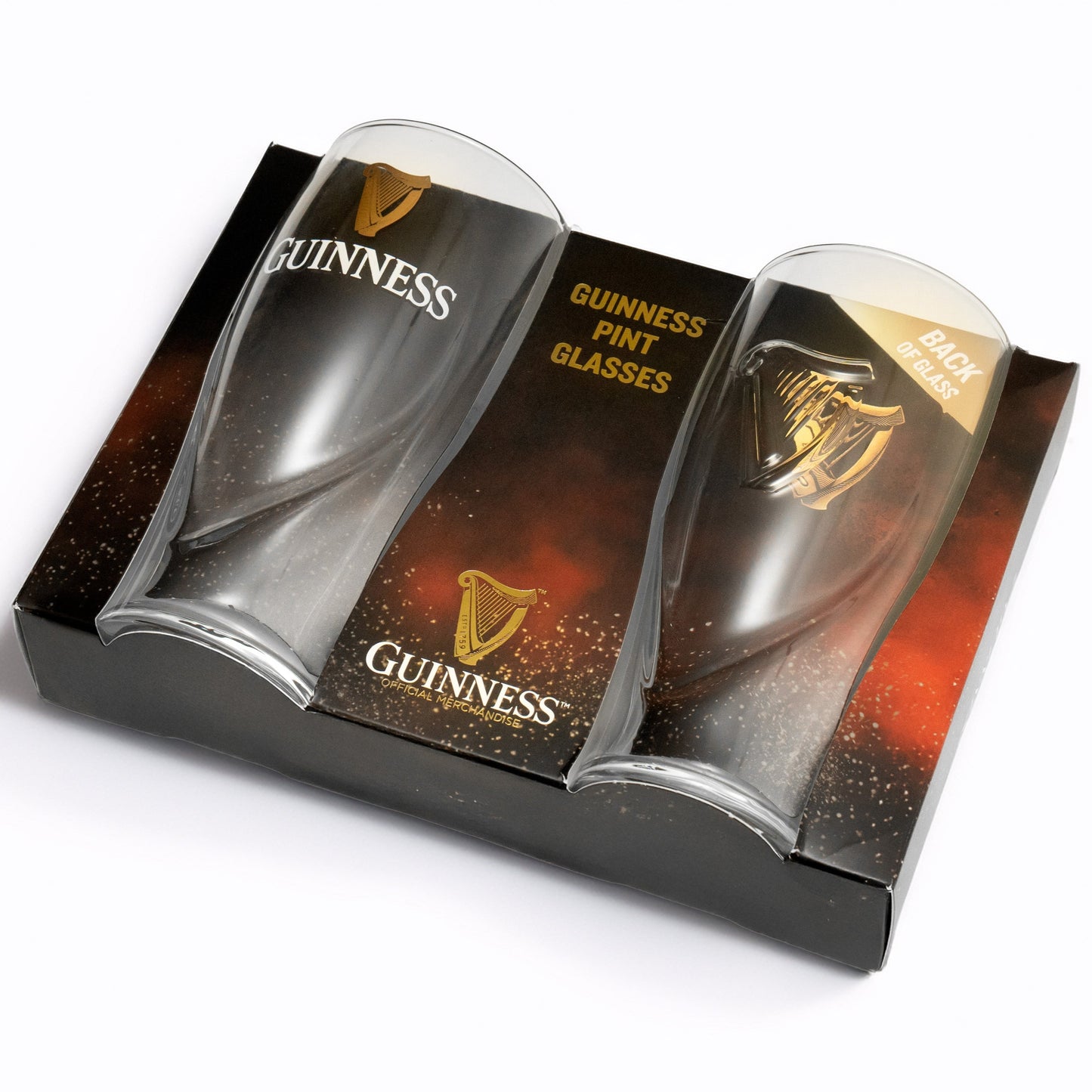 The Guinness Pint Glass Twin Pack features two branded pint glasses in a sleek black and gold display box—a perfect gift or addition to any beer glass collection.