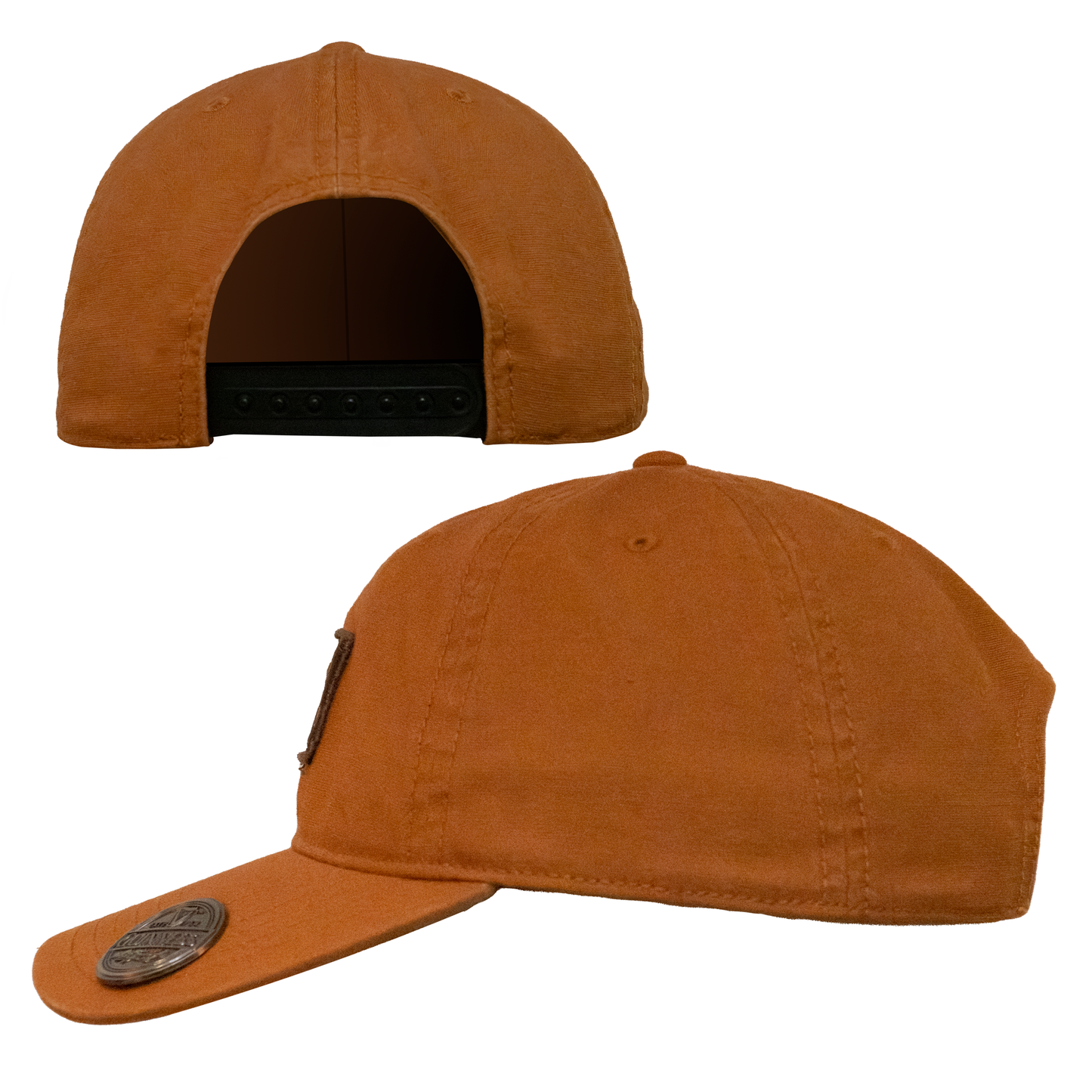 Two views of the Guinness Mustard Bottle Opener Cap in orange: a rear view showing an adjustable strap and a side view displaying a decorative leather patch on the side.