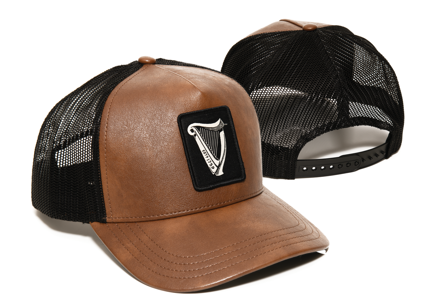 The Guinness Brown Leather Trucker Caps from the Guinness Webstore US showcase the iconic Guinness harp logo on the front and come with adjustable snap closures at the back. These trucker caps blend brown leather with black mesh for a distinctive look.