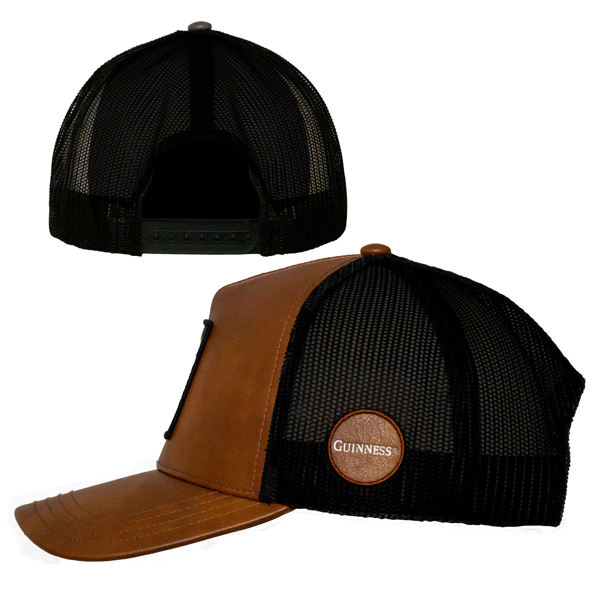 A brown and black mesh trucker cap, known as the Guinness Brown Leather Trucker Cap, showcases the iconic Guinness Harp Logo on the side and is finished with a chic leather peak, available from the Guinness Webstore US.