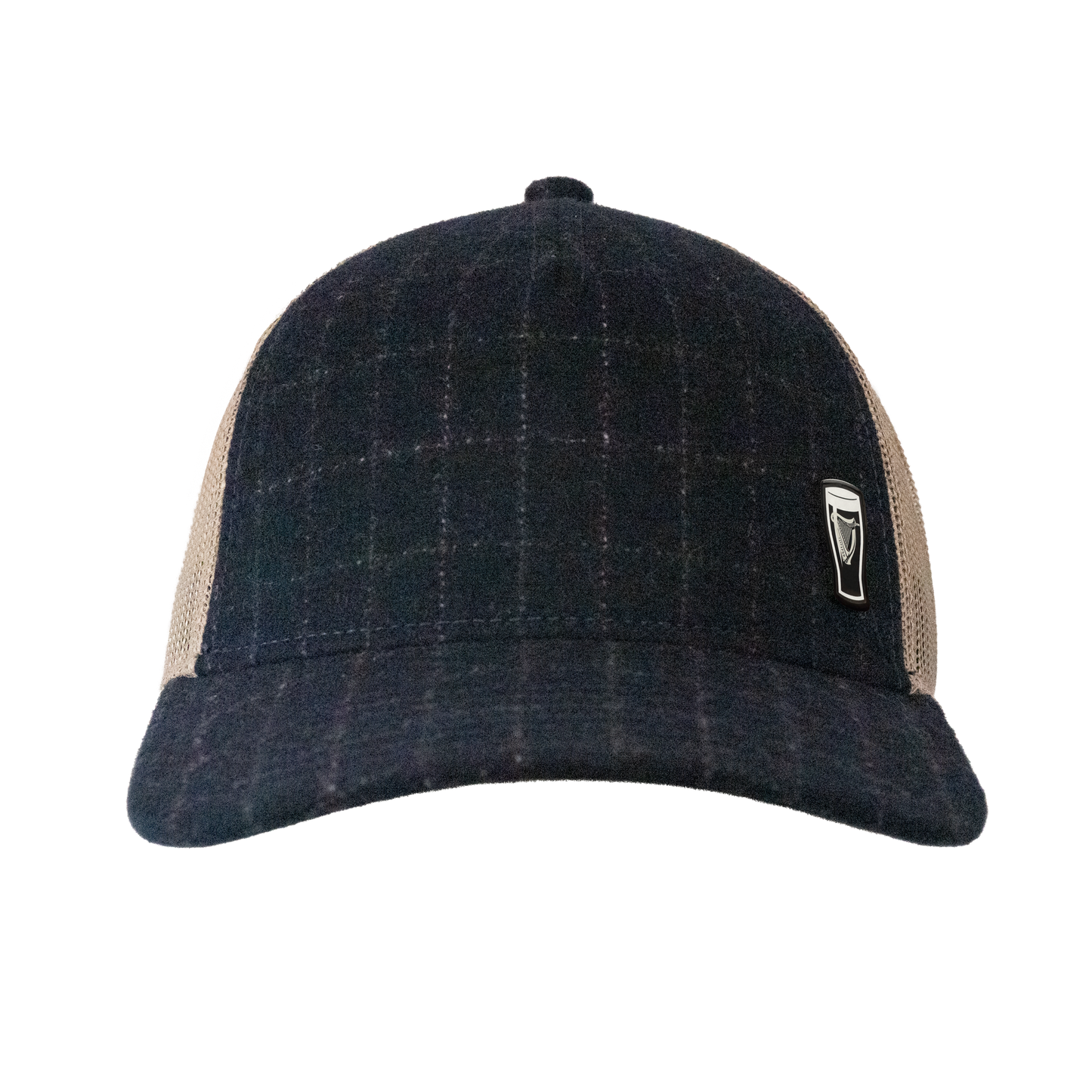 The Guinness Checked Trucker Cap from Guinness Webstore US features a dark plaid design, denim-textured navy mesh back, and a small metallic emblem—ideal for showing off your Irish pride.