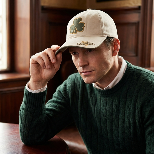 A man in a green sweater and a Guinness Cream Shamrock Cap from Guinness Webstore US sits at a wood-paneled table, honoring his Irish roots as he holds the brim of his cap.