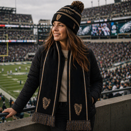A woman wearing the Guinness Black & Gold Sports Beanie – Vintage Harp Knit stands in a stadium, watching a football game as the crowd buzzes behind her.