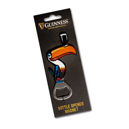 The Guinness Toucan Opener Magnet is an official merchandise piece featuring a colorful toucan design. This PVC opener magnet adds a whimsical touch and authenticity to any collection.