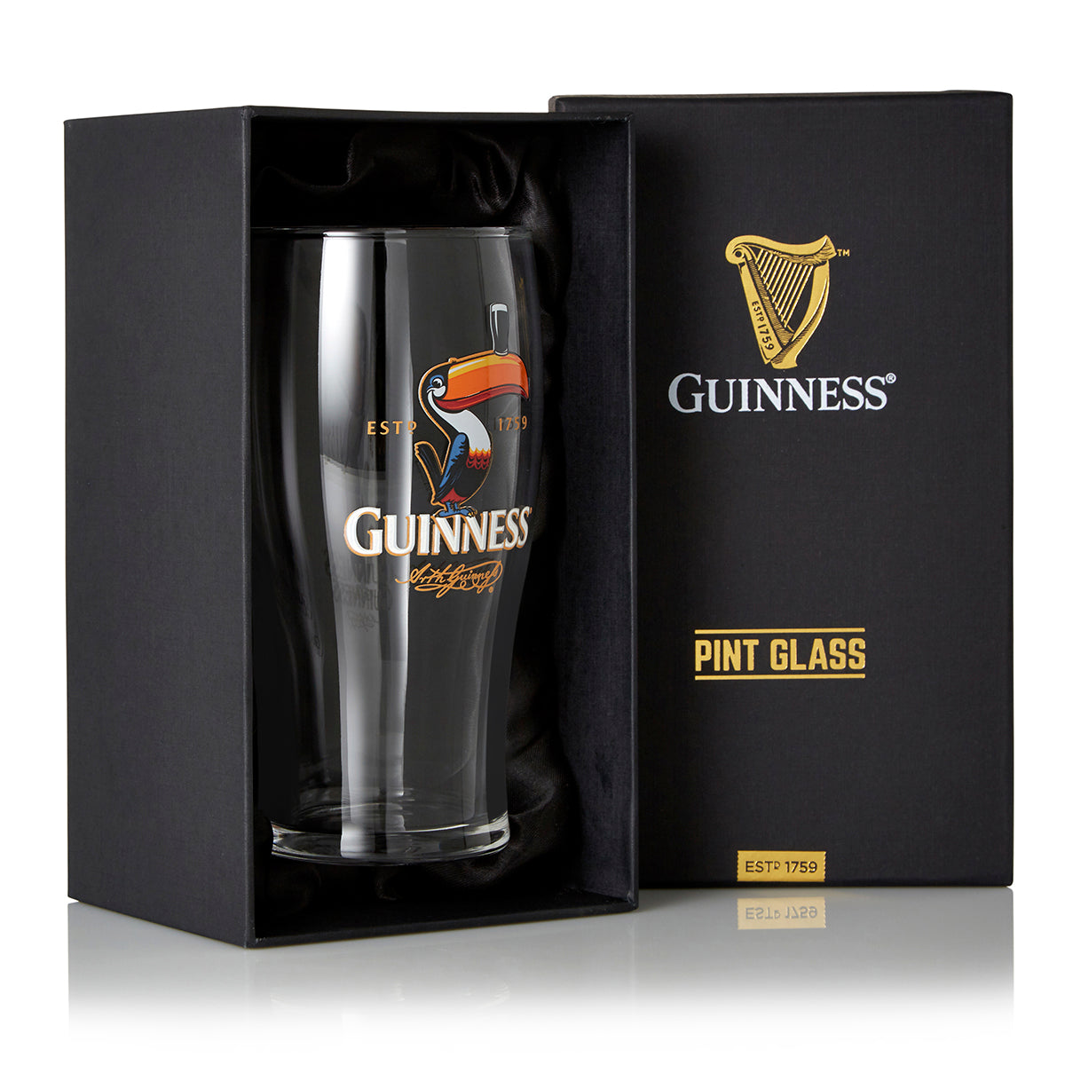 The Guinness Toucan Pint Glass by Guinness arrives in a stylish black gift box, featuring the official logo and classic Toucan design, making it perfect for any enthusiast.