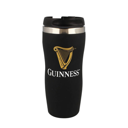 A stylish black Guinness Travel Tumbler Mug by Guinness US, featuring a gold harp logo and "Guinness" elegantly displayed in white lettering.