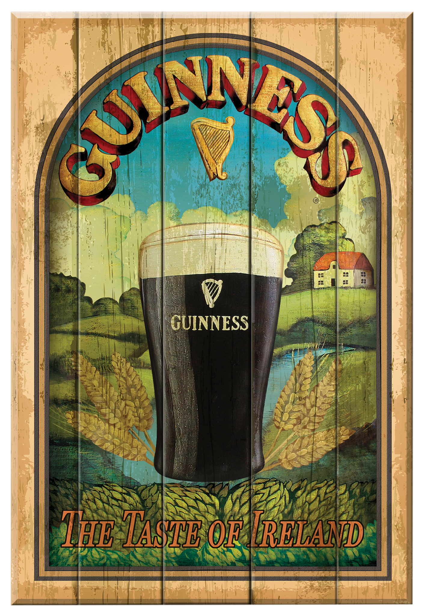 A vintage-style wooden sign features a pint of Guinness set against the backdrop of the Irish countryside, complete with wheat and a rural scene. The text "Guinness: The Taste of Ireland" is elegantly displayed, accompanied by a harp symbol and a charming cottage. This makes it perfect for those seeking an authentic Guinness wall plaque. Available from the Guinness Webstore US under the name "Guinness Wooden Nostalgic Sign - Taste Of Ireland.