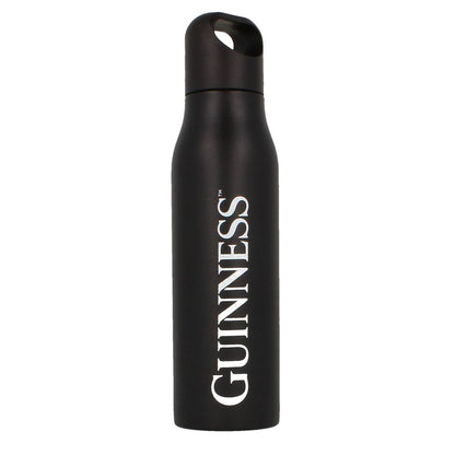 550ml sport metal bottle features a double-walled design and showcases "GUINNESS" printed vertically in white on a black insulated surface.