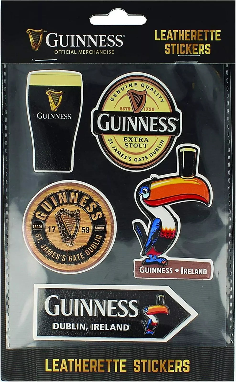 Introducing the Guinness Leatherette Sticker Pack from Guinness US, featuring iconic designs such as logos, a pint glass, and a toucan, all paying homage to Dublin, Ireland. Express your love for Extra Stout with these premium-quality stickers.