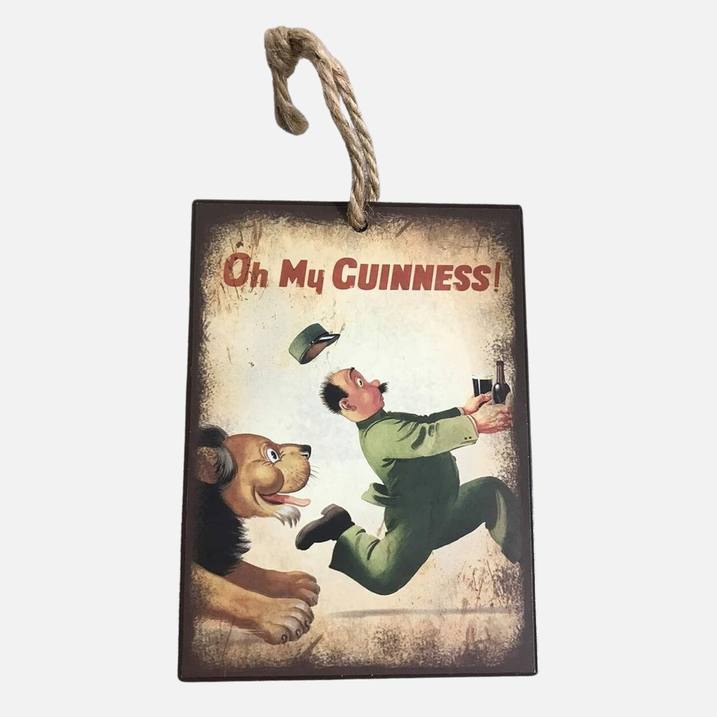 The Guinness Lion & Zookeeper Mini Metal Sign by Guinness US features a zookeeper running with pints, chased by a lion and "Oh My GUINNESS!" text—ideal for adding classic charm to your Guinness home decor.