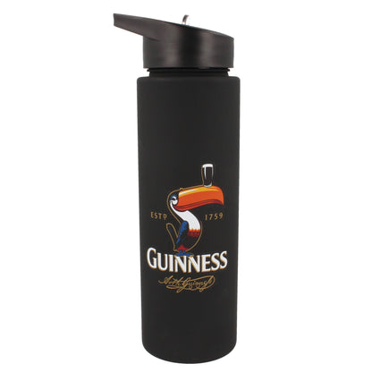 The Guinness Gilroy Toucan Water Bottle features a spout lid and displays the iconic toucan holding a pint on its beak alongside the classic Guinness logo.