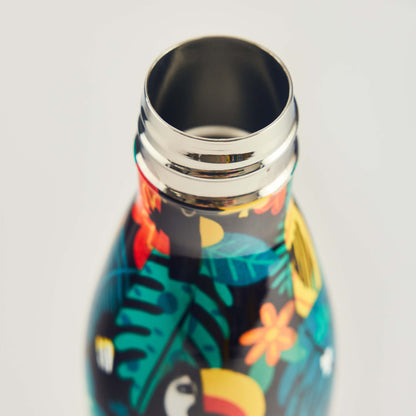 Close-up of the Guinness x Fatti Burke Hawaiian Water Bottle by Guinness, featuring a vibrant floral and toucan design, with the open mouth and neck of this reusable stainless steel bottle visible.