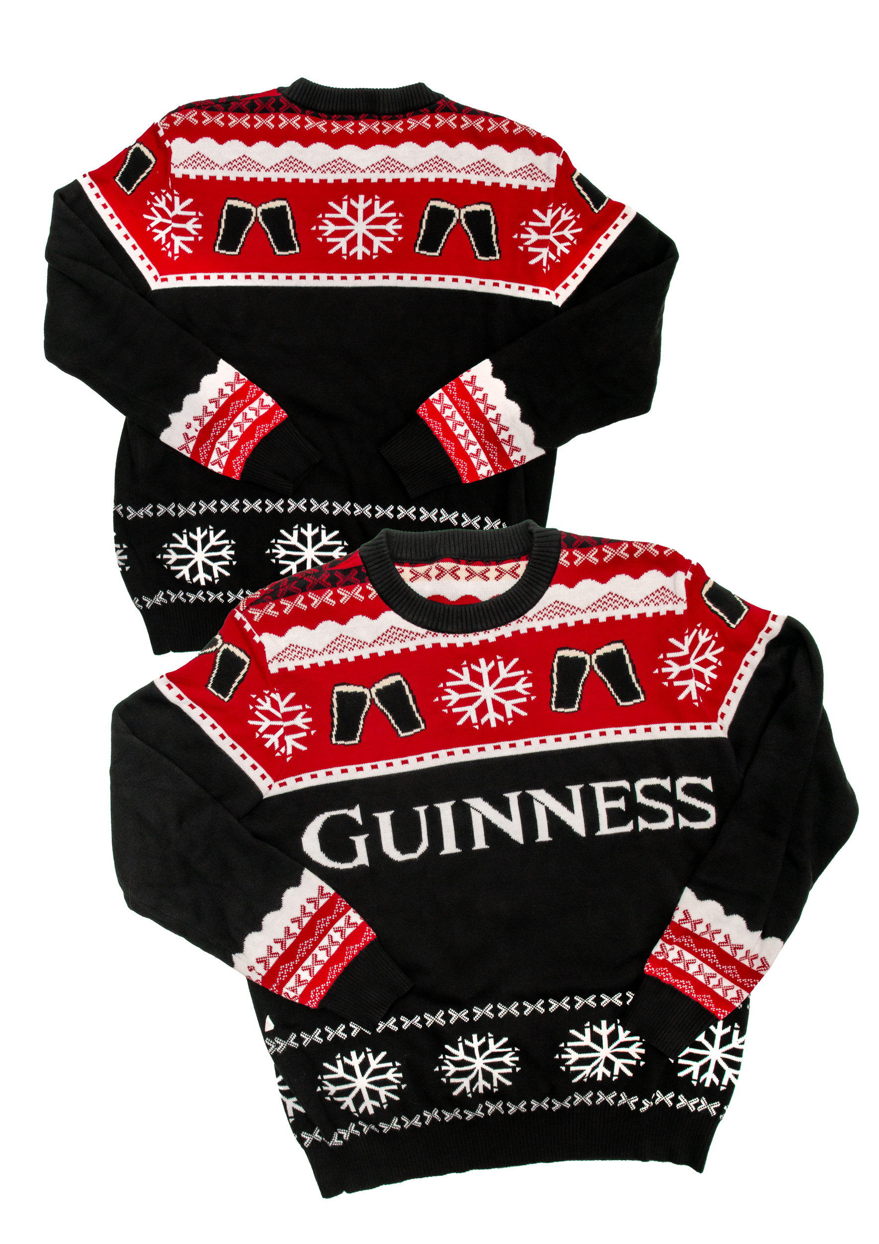 Two festive must-have Official Guinness Holiday Sweaters with Guinness on them for Guinness enthusiasts.