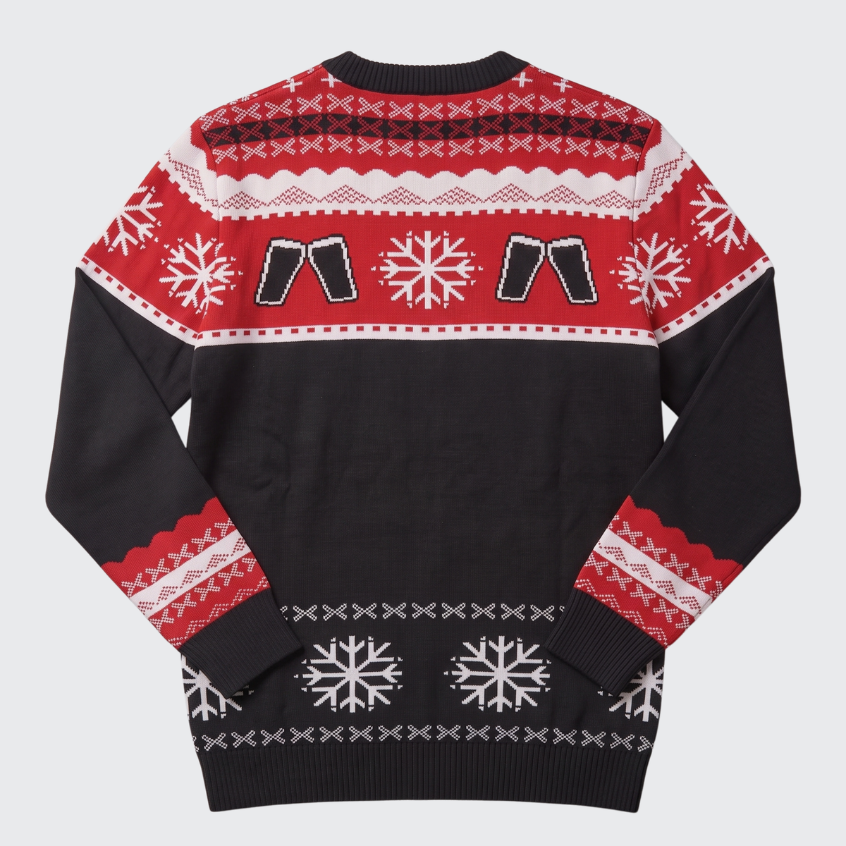 A festive Christmas sweater shown from the back, featuring a black body with red and white patterned bands, including snowflakes, geometric designs, and two clinking beer glasses.