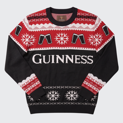 A black and red Guinness Christmas sweater with white patterns, featuring the brand name 'GUINNESS' across the chest and a small 'CLAIMED' label inside the collar, shown flat on a light gray background.