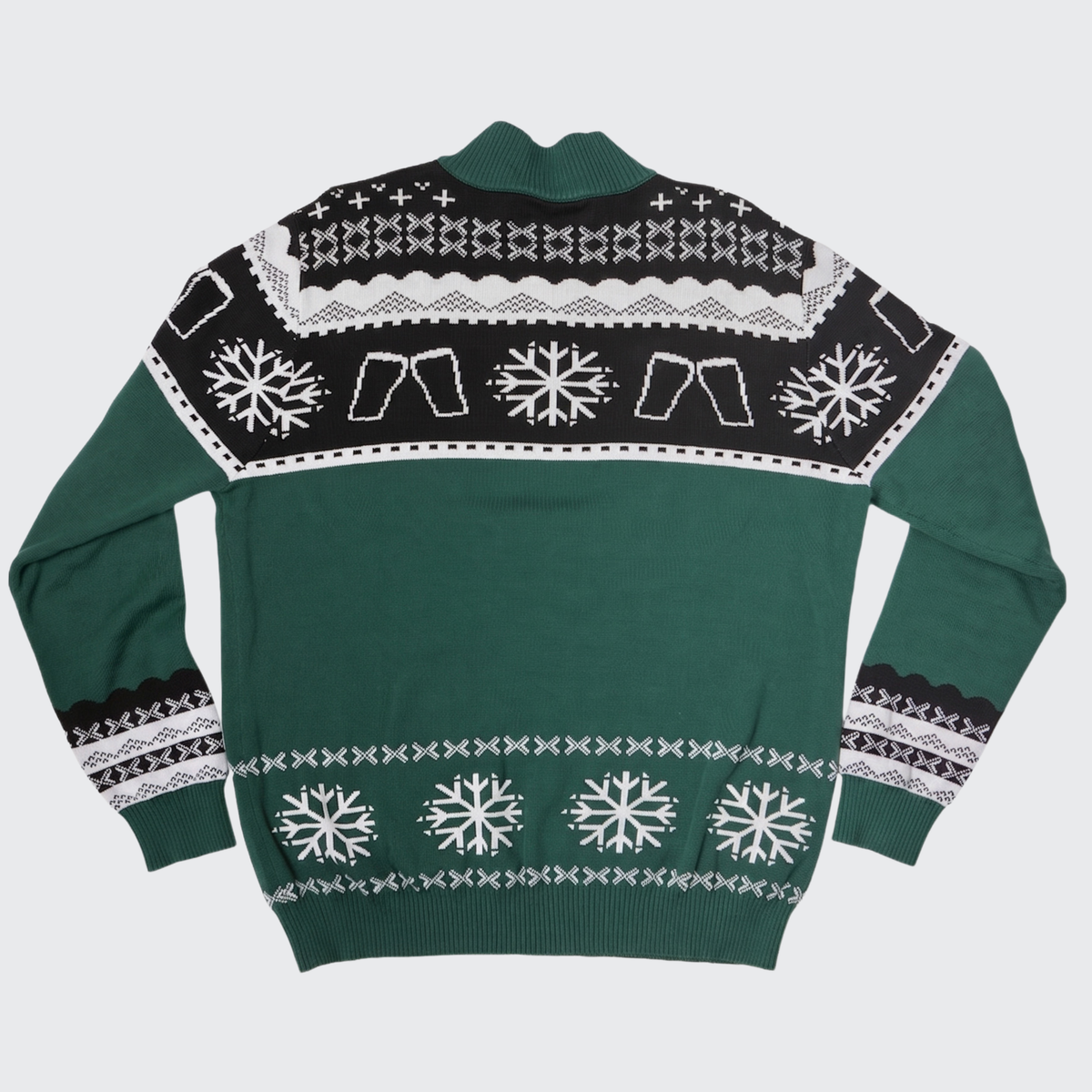 Guinness Holiday Quarter Zip Sweater - Green & Black by Guinness, featuring black and white snowflake and geometric patterns on a green knit, displayed flat with sleeves spread—an ideal classic for seasonal celebrations.