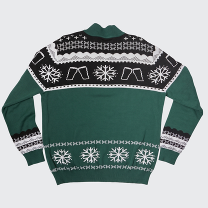Guinness Holiday Quarter Zip Sweater - Green & Black by Guinness, featuring black and white snowflake and geometric patterns on a green knit, displayed flat with sleeves spread—an ideal classic for seasonal celebrations.