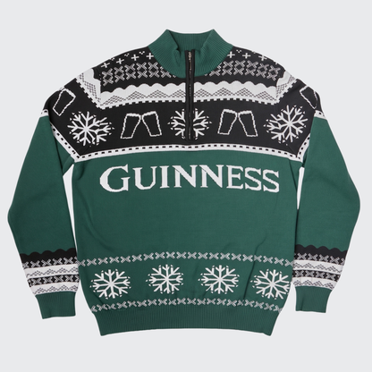 The Guinness Holiday Quarter Zip Sweater – Green & Black by Guinness showcases festive “GUINNESS” lettering, snowflake designs, pint glass motifs, and a comfortable quarter-zip collar—making it the ideal knitwear choice for holiday celebrations in style.