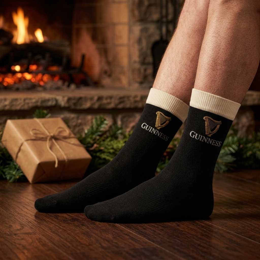 Person wearing black Guinness Pint Crew Socks – Black with a harp logo and text, seated on a wooden floor in front of a fireplace.