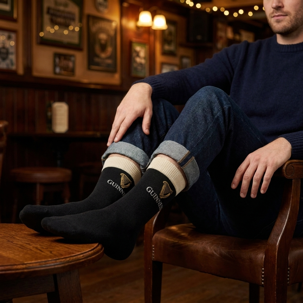 A man wearing black Guinness Pint Crew Socks with a harp logo and text on the ankles.