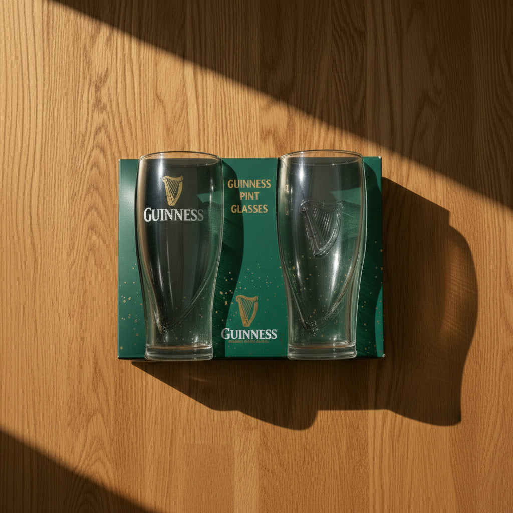 The Guinness Gravity Pint Glass 2 Pack Gift Set, official merchandise by Guinness, comes in a green branded box—perfect for enjoying your favorite pour.