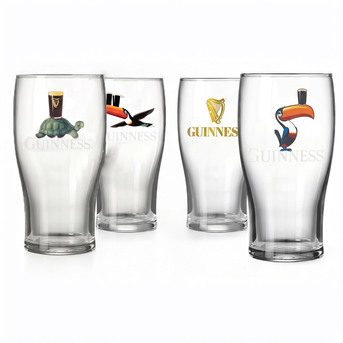 The Guinness Mixed Pint Glass Gift Set from Guinness Webstore US features four clear glasses with classic logos—ideal for Irish beer lovers and collectors.