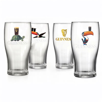 The Guinness Mixed Pint Glass Gift Set from Guinness Webstore US features four clear glasses with classic logos—ideal for Irish beer lovers and collectors.