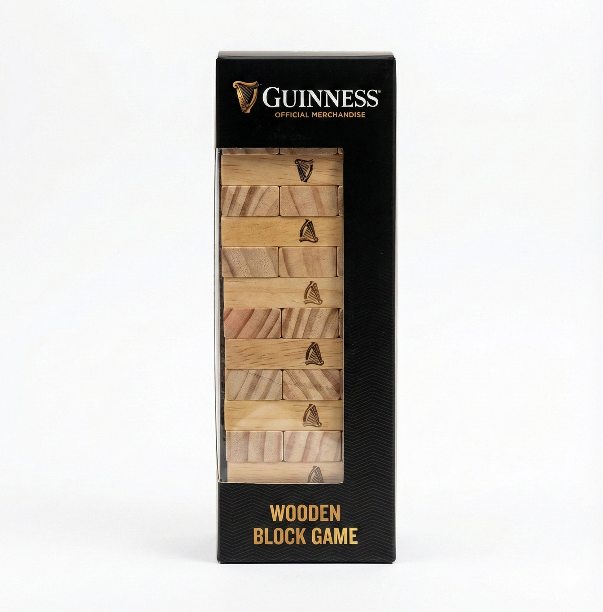 The Guinness Wooden Tower Game by Guinness comes in a boxed set, featuring stacked wooden blocks with "Wooden Tower Game" labeled on the front.