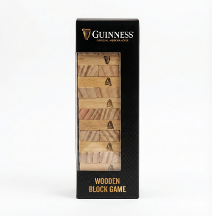 The Guinness Wooden Tower Game by Guinness comes in a boxed set, featuring stacked wooden blocks with "Wooden Tower Game" labeled on the front.